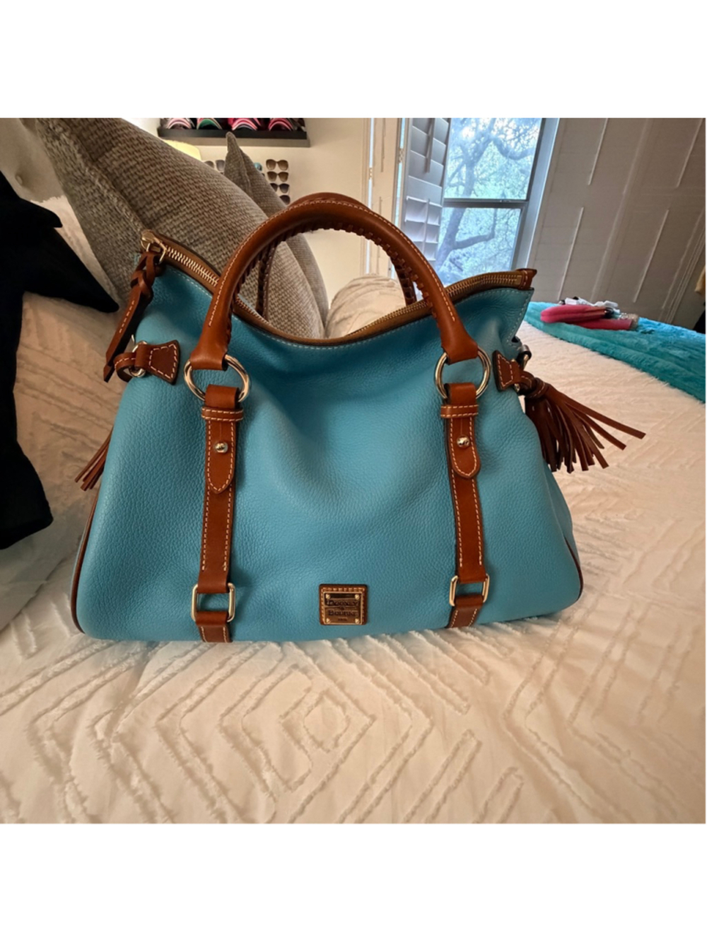 Dooney & Bourke Pebble Leather Large Satchel Sky Blue Brown Tassel Shoulder Bag - Picture 13 of 15